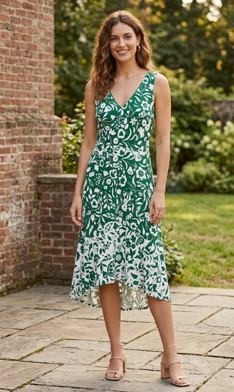 Boden Green White Botanical Print Jersey Stretch Midi Dress V-Neck Lined Sz 6R